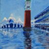 Piazza San Marco, aqua alta ; Venise, acrylique sur carton 30x42 cm, encadré en caisse américaine 37x49 cm, d’après photo Philippe Levasseur. Matériaux recyclés.