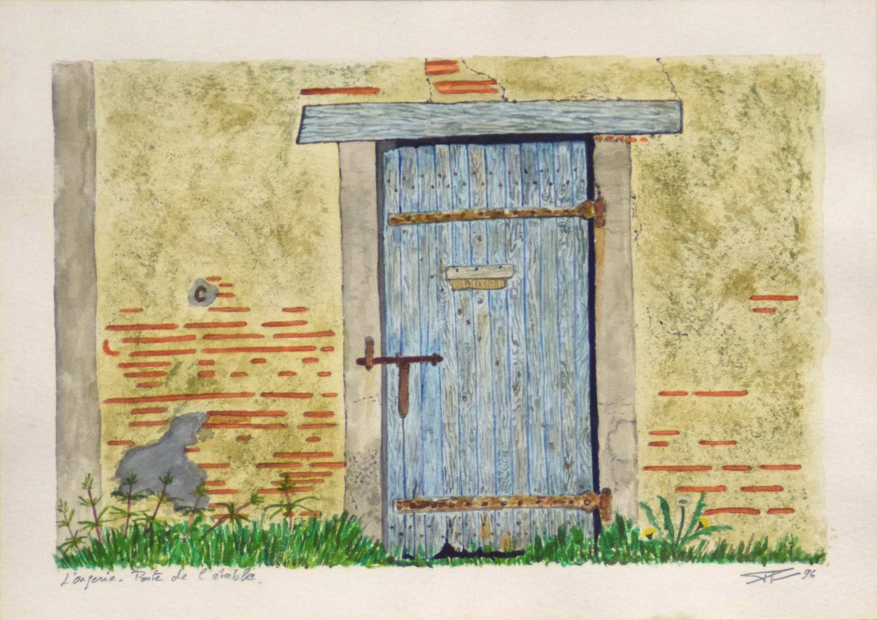 Porte bleue à l'Orgerie 1996, aquarelle, 29,7x21cm encadrée sous verre 42x32cm.