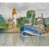 Sortie du port de Honfleur, le Phare, Aquarelle de Philippe Levasseur, 1995, 29,7x21cm encadrée sous verre 42 x 32 cm. Un chalutier sort du port devant le phare