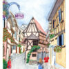 Eguisheim, Auberge du rempart, aquarelle, 20x24cm, Peut être vendue encadrée sous verre 29x35cm. La commande devra inclure les deux références, aquarelle et cadre ref.03.