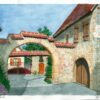 Porche à Rouffach dans une vieille rue. Mesures 25x20cm sans cadre. Peut être vendue encadrée sous verre 43,5×33,5cm. La commande devra inclure les deux références, aquarelle et cadre ref.01.